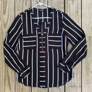 Express Quarter Zip Blouse Roll Tab Sleeves Black with Blue White Stripes Medium